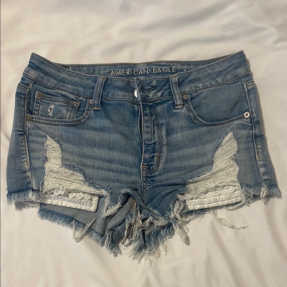 American Eagle Outfitters Distressed Blue Jean Shorts with Lace Detail